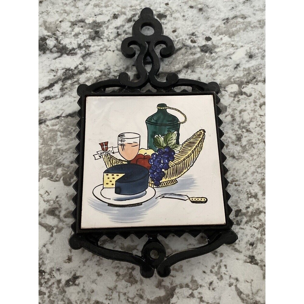 Vtg FM Kitchen Décor Cast Iron & Tile Trivet Charcuterie Wine And Cheese Japan